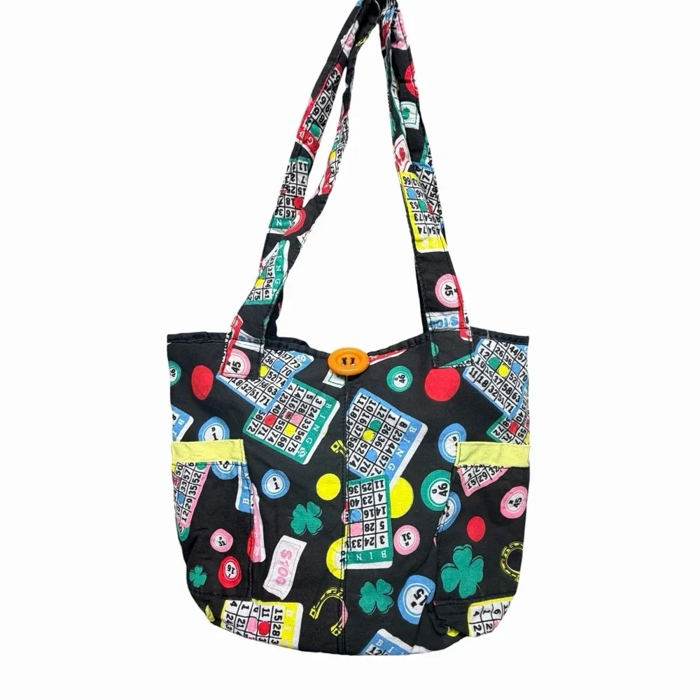 Bingo Print Tote Bag Black Multicolor Shoulder Bag Lucky Clover Casino Theme
